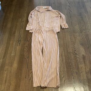 Elegant Beige Pleated Button Down Shirt and Elastic Waist Pants